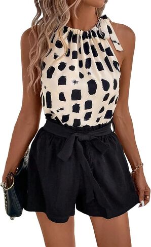 Milumia Women's 2 Piece Outfits Geo Print Knot Shoulder Halter Top and Paperbag Shorts Set in Saudi Arabia