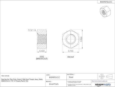 Small Parts 43NHHP Steel Heavy Hex Nut, Plain Finish, Grade 2, ASME B18.2.2, 7/16"-14 Thread Size, 3/4" Width Across Flats, 27/64" Thick (Pack of 100) in Saudi Arabia