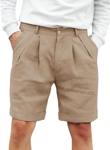 Men's Flat Front Shorts Cotton Linen Button Up Closure Elastic Waist Summer Beach Shorts Regular Fit in Saudi Arabia