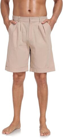 Men's Flat Front Shorts Cotton Linen Button Up Closure Elastic Waist Summer Beach Shorts Regular Fit in Saudi Arabia