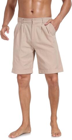 Men's Flat Front Shorts Cotton Linen Button Up Closure Elastic Waist Summer Beach Shorts Regular Fit in Saudi Arabia
