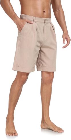 Men's Flat Front Shorts Cotton Linen Button Up Closure Elastic Waist Summer Beach Shorts Regular Fit in Saudi Arabia