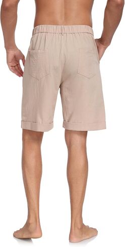 Men's Flat Front Shorts Cotton Linen Button Up Closure Elastic Waist Summer Beach Shorts Regular Fit in Saudi Arabia