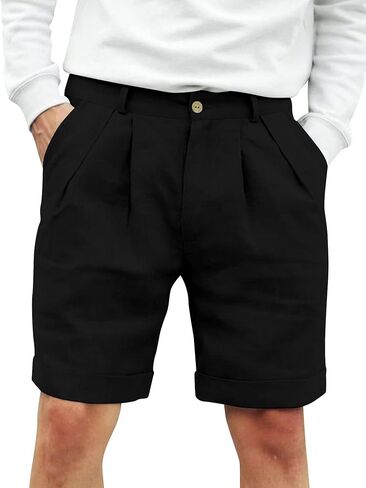 شورت رجالي مسطح من الأمام مصنوع من القطن والكتان وإغلاق بأزرار وخصر مطاطي شورت صيفي للشاطئ بمقاس عادي in Kuwait