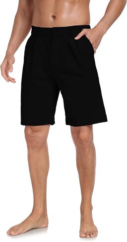 شورت رجالي مسطح من الأمام مصنوع من القطن والكتان وإغلاق بأزرار وخصر مطاطي شورت صيفي للشاطئ بمقاس عادي in Kuwait