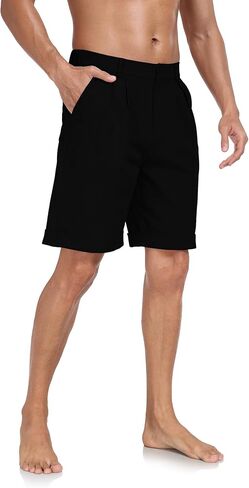 شورت رجالي مسطح من الأمام مصنوع من القطن والكتان وإغلاق بأزرار وخصر مطاطي شورت صيفي للشاطئ بمقاس عادي in Kuwait