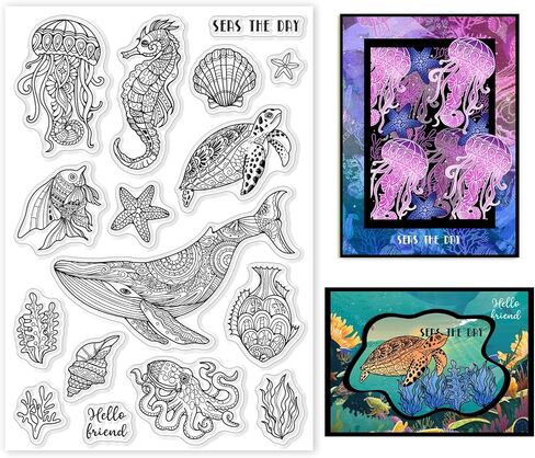 GLOBLELAND Ocean Life Clear Stamps Marine Whales Turtles Seahorses Squid Goldfish Silicone Clear Stamp Seals for Cards Making DIY Scrapbooking Photo Journal Album Decoration in Saudi Arabia