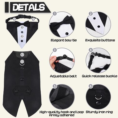 مجموعة بدلات توكسيدو وباندانا للكلاب، بدلة حفلات زفاف للكلاب، ملابس حيوانات أليفة قابلة للتعديل مع طوق ربطات عنق قابلة للفصل لزي حفلات أعياد الميلاد - مقاس XL in Kuwait