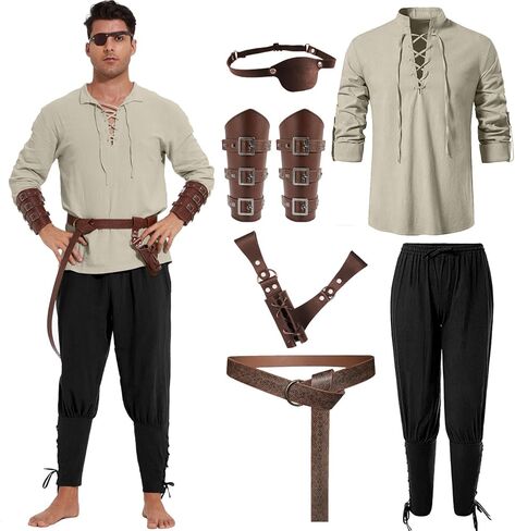 WISHU 7 قطعة زي القراصنة الرجالي مجموعة الكبار هالوين القرون الوسطى عصر النهضة الفايكنج قميص النطاقات السراويل حزام اكسسوارات تأثيري in Kuwait