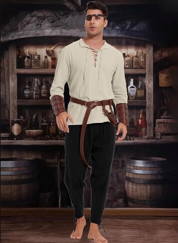 WISHU 7 قطعة زي القراصنة الرجالي مجموعة الكبار هالوين القرون الوسطى عصر النهضة الفايكنج قميص النطاقات السراويل حزام اكسسوارات تأثيري in Kuwait