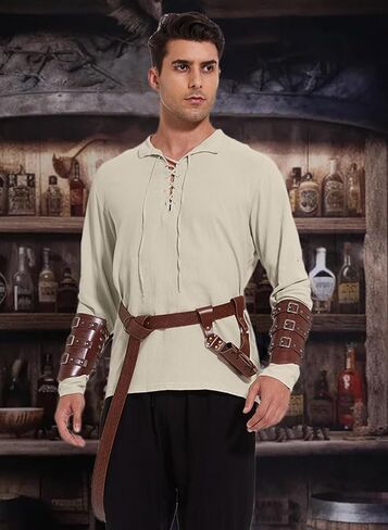 WISHU 7 قطعة زي القراصنة الرجالي مجموعة الكبار هالوين القرون الوسطى عصر النهضة الفايكنج قميص النطاقات السراويل حزام اكسسوارات تأثيري in Kuwait