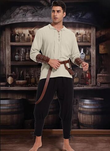 WISHU 7 قطعة زي القراصنة الرجالي مجموعة الكبار هالوين القرون الوسطى عصر النهضة الفايكنج قميص النطاقات السراويل حزام اكسسوارات تأثيري in Kuwait