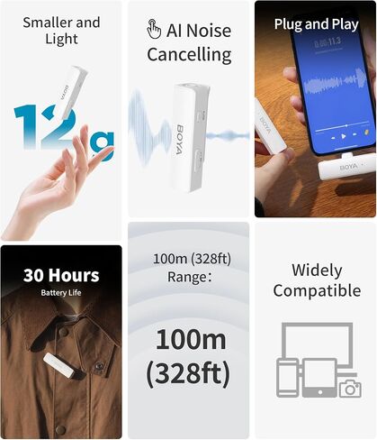 BOYALINK Wireless Lavalier Microphones for Android iPhone 15 Type C Smartphone Cameras DSLR, Noise Cancellation, 10h Battery, Clip on Lapel Mic for Live Streaming Video Conference Recording in Saudi Arabia