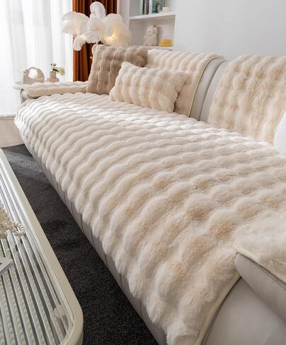 Luxury Soft Faux Fur Fleece Seat Sofa Cover Sectional Couch Cover Fluffy Fuzzy Solid Sofa Slipcover Faux Rabbit Fur Anti-Slip L Shaped Couch Cover for Dogs Cats Pet (Cream,36''x70'') in Saudi Arabia
