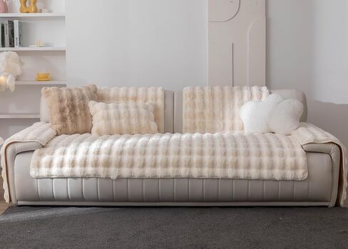 Luxury Soft Faux Fur Fleece Seat Sofa Cover Sectional Couch Cover Fluffy Fuzzy Solid Sofa Slipcover Faux Rabbit Fur Anti-Slip L Shaped Couch Cover for Dogs Cats Pet (Cream,36''x70'') in Saudi Arabia