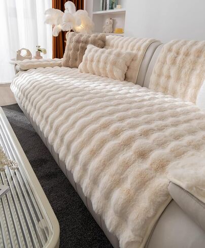 Luxury Soft Faux Fur Fleece Seat Sofa Cover Sectional Couch Cover Fluffy Fuzzy Solid Sofa Slipcover Faux Rabbit Fur Anti-Slip L Shaped Couch Cover for Dogs Cats Pet (Cream,36''x70'') in Saudi Arabia
