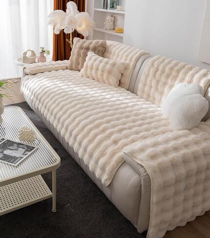 Luxury Soft Faux Fur Fleece Seat Sofa Cover Sectional Couch Cover Fluffy Fuzzy Solid Sofa Slipcover Faux Rabbit Fur Anti-Slip L Shaped Couch Cover for Dogs Cats Pet (Cream,36''x70'') in Saudi Arabia