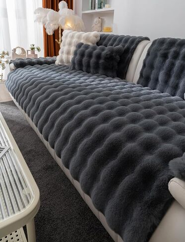 Luxury Soft Faux Fur Fleece Seat Sofa Cover Sectional Couch Cover Fluffy Fuzzy Solid Sofa Slipcover Faux Rabbit Fur Anti-Slip L Shaped Couch Cover for Dogs Cats Pet (Cream,36''x70'') in Saudi Arabia