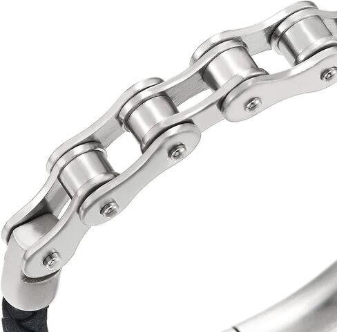 سلسلة دراجة نارية من الفولاذ الفضي للرجال من COOLSTEELANDBEYOND، سوار من الجلد المضفر باللون الأسود، مشبك زنبركي in Saudi Arabia