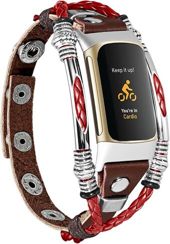 Compatible with Fitbit Charge 5 Bands for Women Men,Leather Band Replacement Wristbands for Charge 5, Unique Watch Band Bracelet & Wrist Band Straps with Adjustable Size (Hybrid Red) in Saudi Arabia