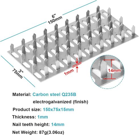 eoere 10 PCS 6" x 3" Pronged Truss Plate Flat Mending Plates Repair Tie Plate Bracket, Galvanized Steel, Nail Teeth Height 14 mm, Thick 1 mm(19 Gauge), for Roofing Trusses Wood Timber Connectors in Saudi Arabia
