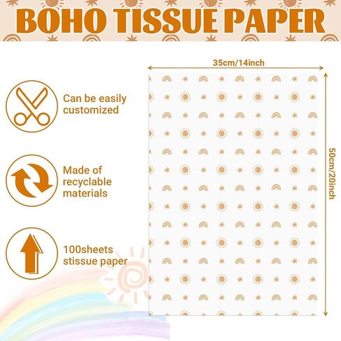 100 Sheets 20 * 14 Inches Sunshine Boho Rainbow Tissue Paper for Gift Wrapping Boho Wrapping Paper Printed Pastel Tissue Paper Bulk for Gift Bags for Birthday Wedding Baby Shower DIY Craft in Saudi Arabia