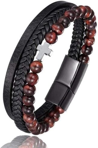 LG Gifts Ltd. سوار كروس من الجلد باللون البني الداكن والخرز باللون الأسود للرجال | سوار معصم عصري للإيمان المسيحي للرجال in Kuwait