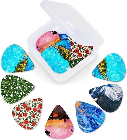 Guitar Picks 6-Pack Thin, Medium & Heavy Plastic Picks Box and Leather Key Chain Pick Holder Artistic Pattern Best Gift for Guitar Lovers Best Memorial Gifts for Acoustic Guitar Lovers in Saudi Arabia