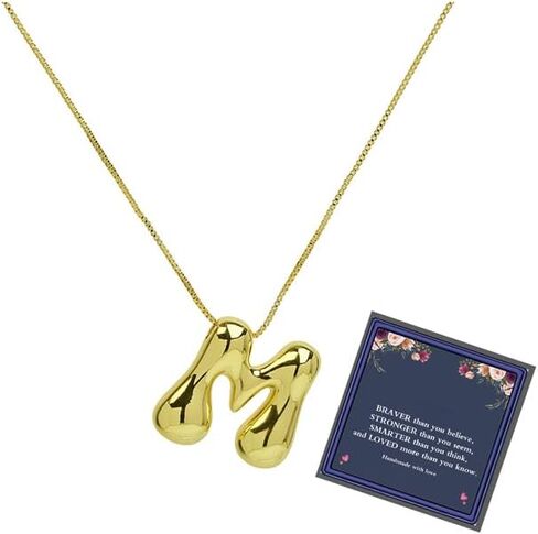 Bubble Letter Necklace Gold For Women, Balloon Initial Alphabet Pendant Polished 18k Gold Plated Puffy Name Statement Teen Girls Gift Jewelry in Saudi Arabia
