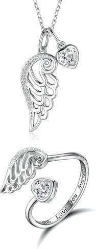 جوهرة الميلاد الجناح قلادة وخاتم 925 فضة جارديان الملاك الجناح قلادة على هيئة ريشة قلادة مجوهرات هدية للنساء الفتيات in Kuwait