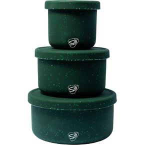 Silipint: Silicone Lidded Bowls: Set of 3: Speckled Green - 10, 20 & 30oz - Flexible, Unbreakable, Storage, Non-Slip, Sustainable