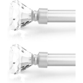 Orger 2 Pack 1 Inch Diameter Crystal Curtain Rod with Diamond Designed Finials, Decorative Single Drapery Rod Adjustabe Length From 22" Extends to 42", Satin Nickel Window Treatment Rod for Home Decor