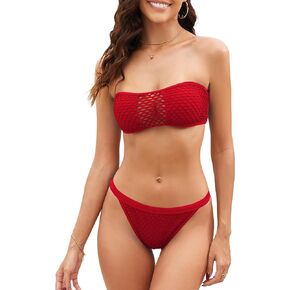 ZAFUL Women's Bandeau Bikini Set Fishnet Strapless Swimsuits Tie Back High Cut Cheeky 2 Piece Bathing Suits