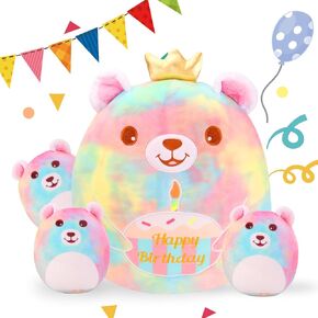 Birthday Bear Plush Pillow 12" Soft Bear Plush Toy Cute Bear Stuffed Animal with 3 Babies Bear Plushie Home Room Party Decoration Birthday Gifts for Kids Toddlers