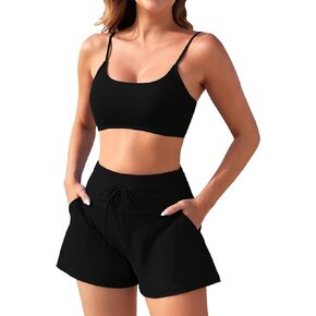 Pink Queen 2 Piece Bathing Suits for Women Adjustable Strap Top Drawstring High Waisted Bikini Shorts Swimsuit with Pockets