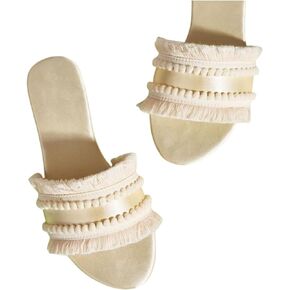 Women's Dressy Sandals Satin Fringe Trim Flats Comfortable Casual Summer Trendy Open Toe Slip on Slides