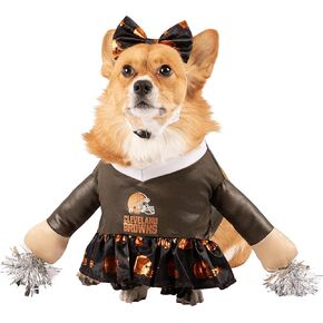 NFL Cleveland Browns Officially Licensed Cheer Dog Costume by MODERN HERO Includes Dress with Faux Stuffed arms and Tinsel pom-poms and Satin Bow Headband, Size XXL
