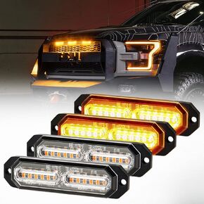 Amber Led Grille Strobe Lights,12-LED Emergency Warning Light Bar, Universal Surface Mount, 23 Flashing Mode, for Off Road Vehicle ATVs Truck,4PC Pack (PZ-CB-02-Y)