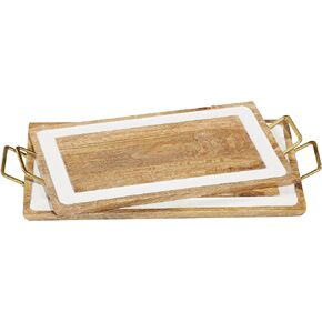 Deco 79 Wood Tray with White Enamel Inlay, Set of 2 21", 19"W, Brown