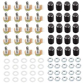 20 PCS B10K 10K 3Pin Ohm Knurled Shaft Linear Rotary Potentiometer Kit with Knob/Nuts/Washer Kit