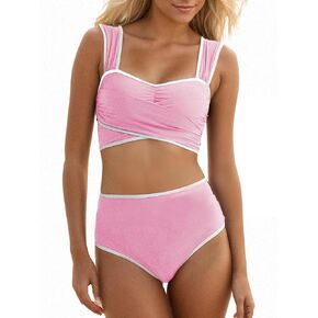 Saodimallsu High Waisted Bathing Suits for Women 2 Piece Bikini Sets Retro Wrap Tie Back Color Block Swimsuits