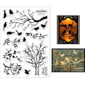 GLOBLELAND Birds and Branches Clear Stamps for Cards Making Tree Flower Silhouettes Silicone Clear Stamp Seals for DIY Scrapbooking Photo Journal Album Decoration