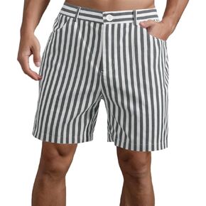 Men's Casual 6" Inseam Shorts Striped Cotton Flat Front Slim Fit Summer Chino Shorts with Pockets