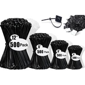 Zip Wire Ties 2100 Pack Small Cable Zip Ties with Cable Mounts Nylon Zip Cable Ties Assorted Sizes 4+6+8+12 Inch, Self-Locking Tie Wraps, UV Resistant Nylon Cable Ties for Indoor and Outdoor