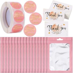 620Pcs Thank You Cards and Stickers Set,Include 500Gold Foil Thank You For Supporting My Small Business Stickers 1inch,100 Thank You Business Card,20 Resealable Packaging Bag for Retail Store Envelope