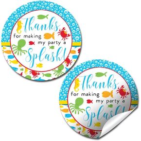 Aquatic Under The Sea Birthday Thank You Sticker Labels for Kids, 40 2" Party Circle Stickers by AmandaCreation, Great for Party Favors, Envelope Seals & Goodie Bags