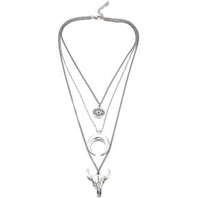 Caiyao Boho Women's Layered Necklace Cowboy Cowgirls Western Women's Chain Necklace Evil Eye Bull Head Necklace Women's Silver Cresent Moon Pendant Necklace Western Jewellery
