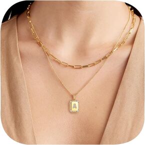 Initial Necklace for Women Girls 14K Dainty Gold Layered Paperclip Chain Letter Necklace Diamond Tag A-Z Personalized Monogram Name Alphabet Pendant Choker Necklace Jewelry Gifts for Her