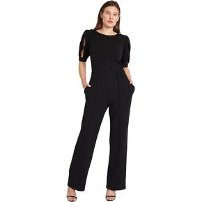 Donna Morgan womens Jewel Neck Jumpsuit With Slit Detail Puff Sleeves and Pockets | Jumpsuits for Women Dressy