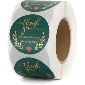 Thank You Stickers, 1.5 Inch, 500 Retro Green with Gold Foil Design, Ideal for Business Gift Bags and Retailers